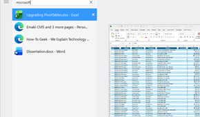 NTWind's Alt-Tab Terminator window showing 'Microsoft' typed into the search bar, filtering the active task list.