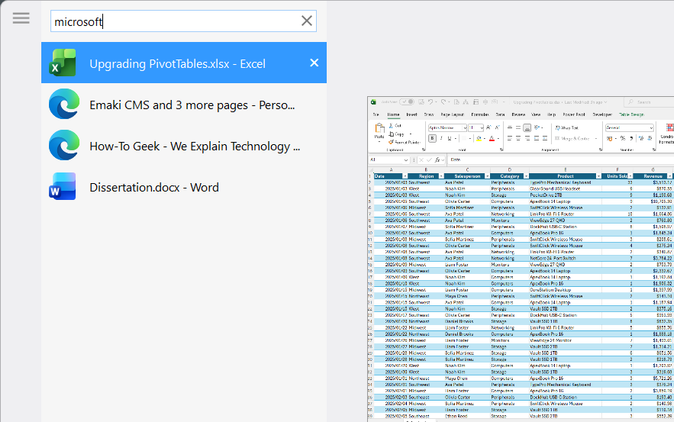 NTWind's Alt-Tab Terminator window showing 'Microsoft' typed into the search bar, filtering the active task list.