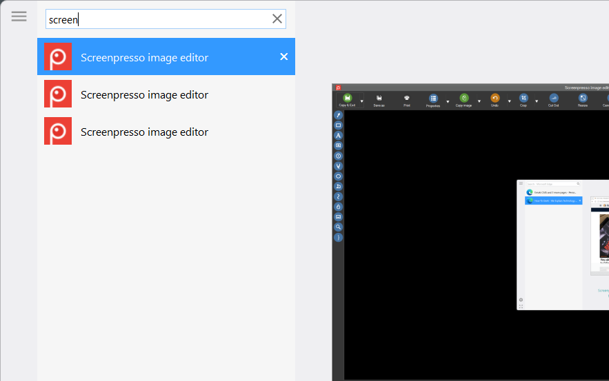 NTWind's Alt-Tab Terminator window showing 'screen' typed into the search bar, filtering for Screenpresso image editor.
