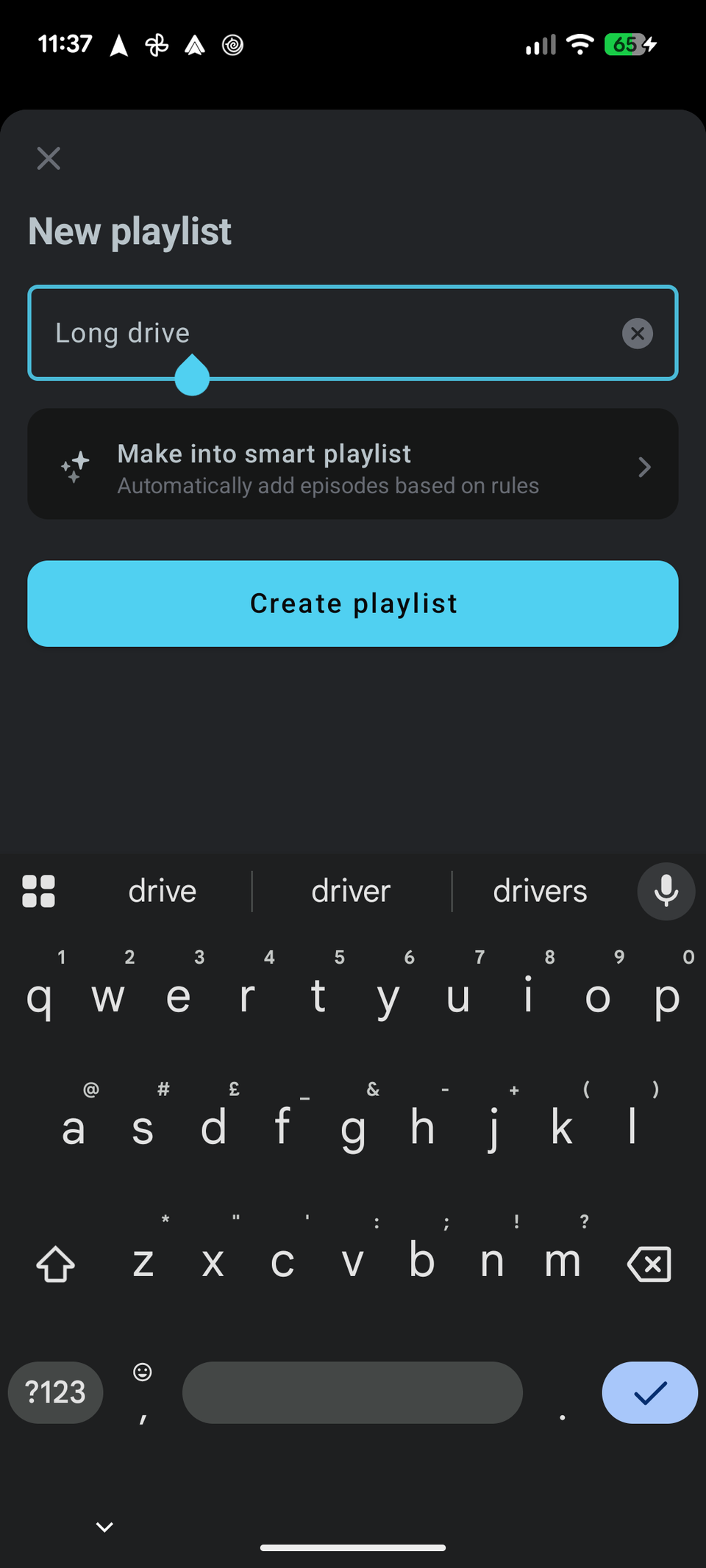 Pocket Casts creating a new smart playlist.
