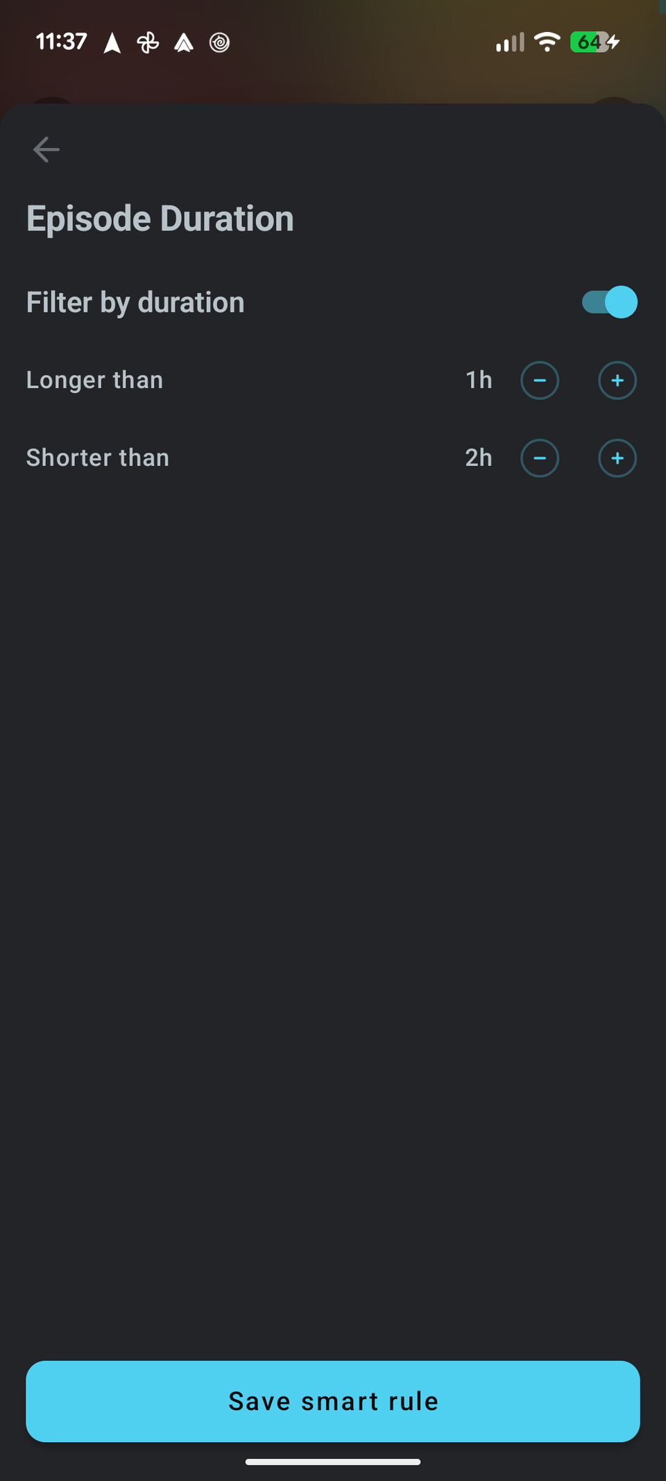 Pocket Casts smart playlist options.