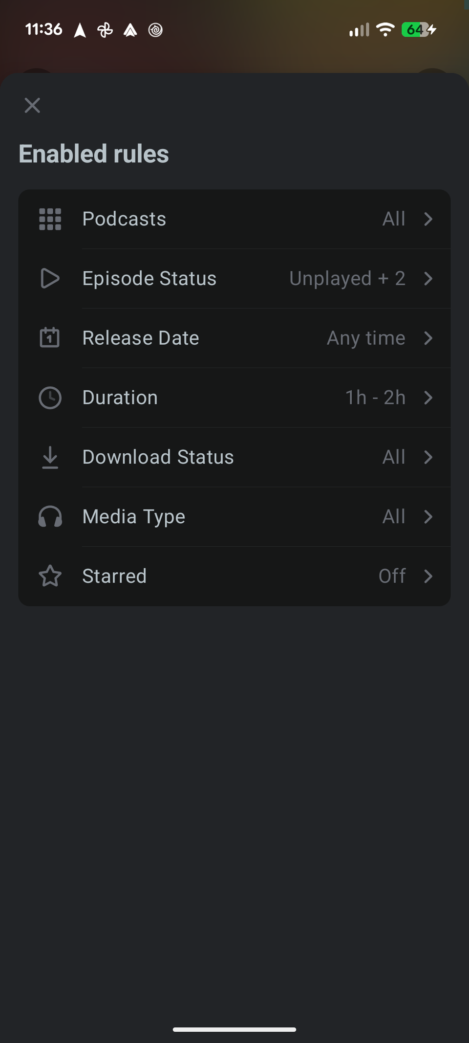 Pocket Casts smart playlists rules.