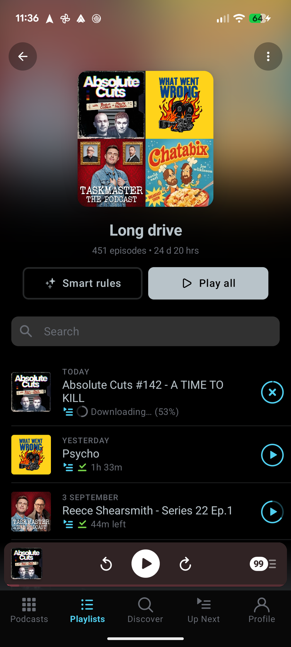Pocket Casts smart playlists.