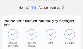 Samsung Members Phone Diagnostics interface displaying 20 different diagnosis options.
