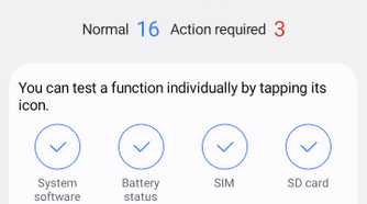 Samsung Members Phone Diagnostics interface displaying 20 different diagnosis options.