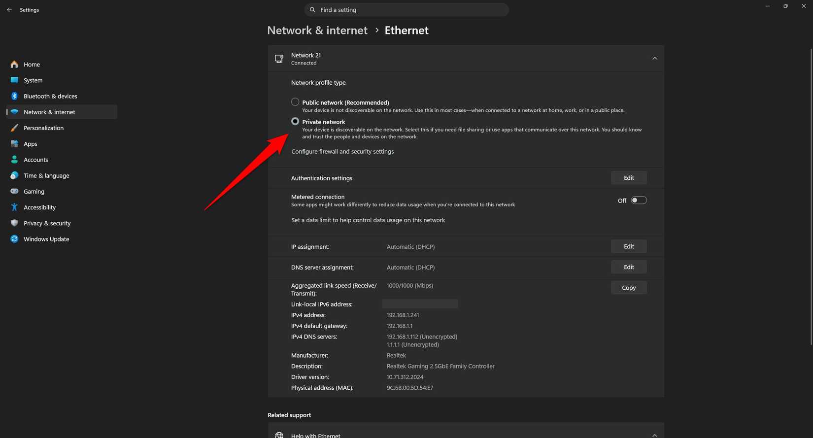 The Ethernet settings on a Windows 11 PC.