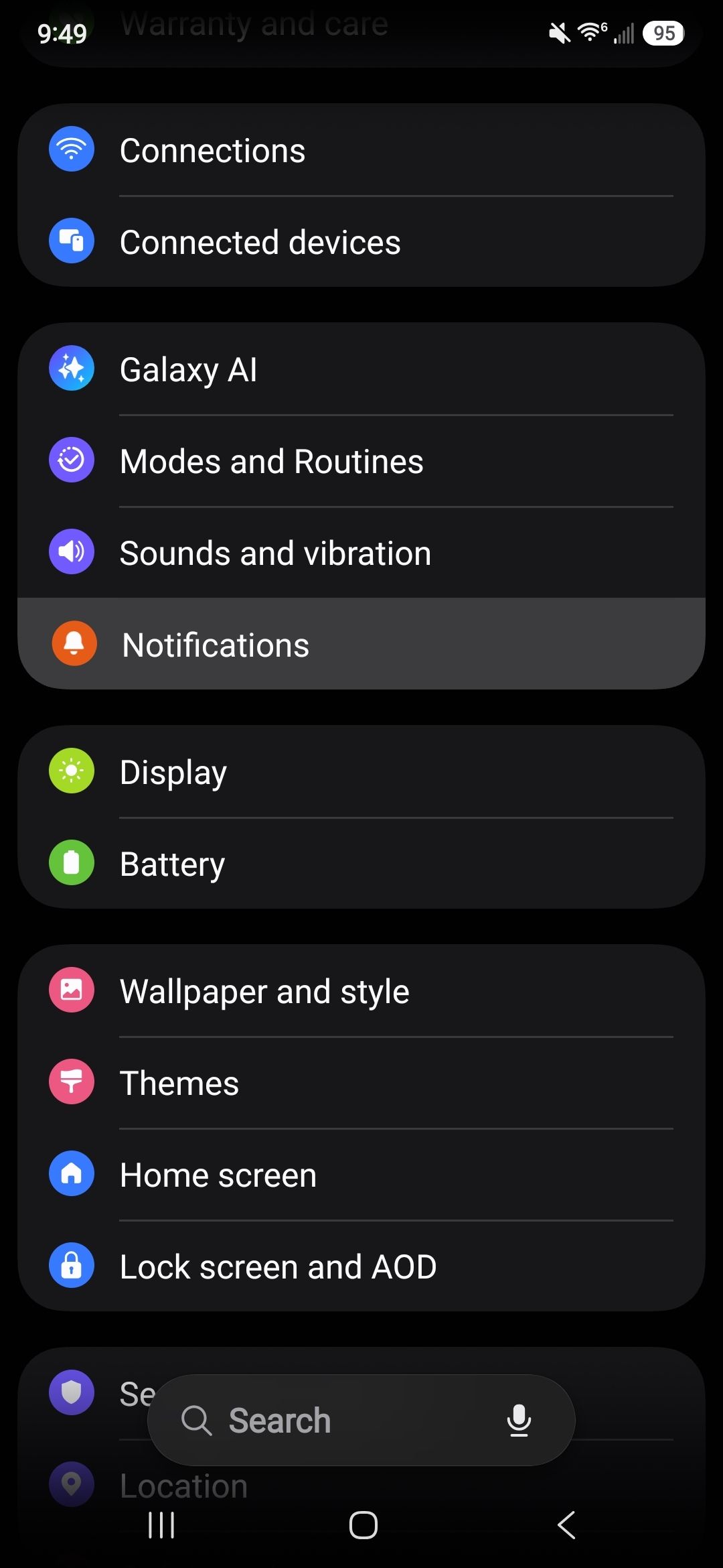 Меню настроек сортировки и фильтрации уведомлений на смартфоне Samsung