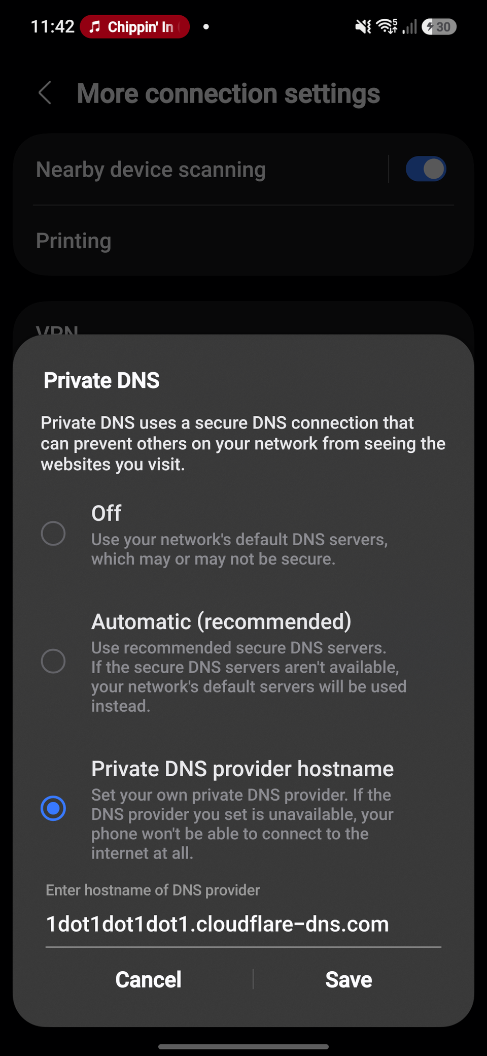 DNS settings menu on a Samsung S24 FE