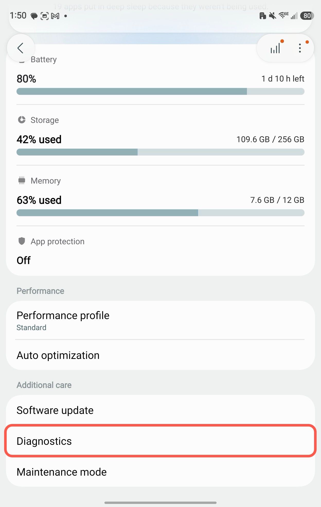 Выбор пункта Diagnostics в меню обслуживания Samsung Galaxy