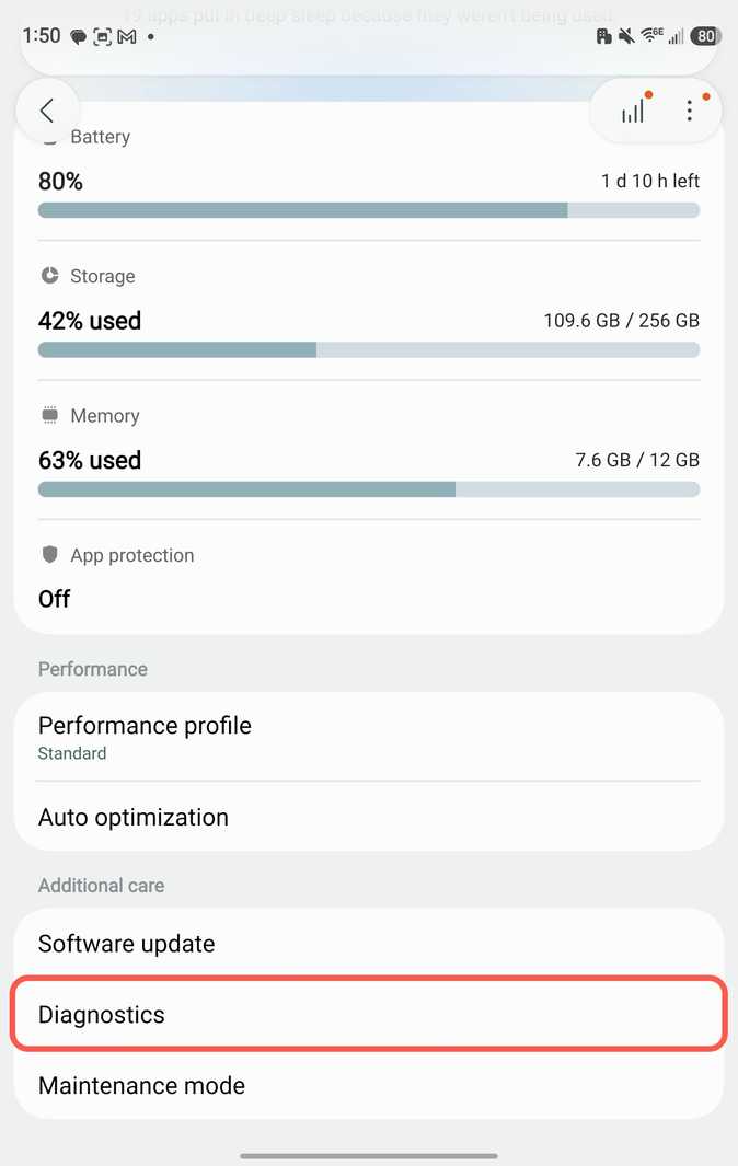 Выбор пункта Diagnostics Выбор пункта Diagnostics в меню обслуживания Samsung Galaxy