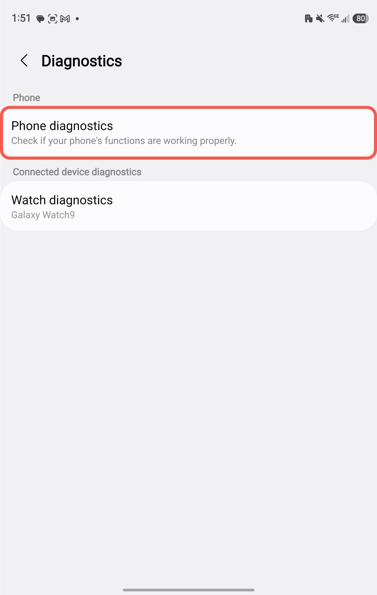 Меню Phone diagnostics на дисплее смартфона Samsung