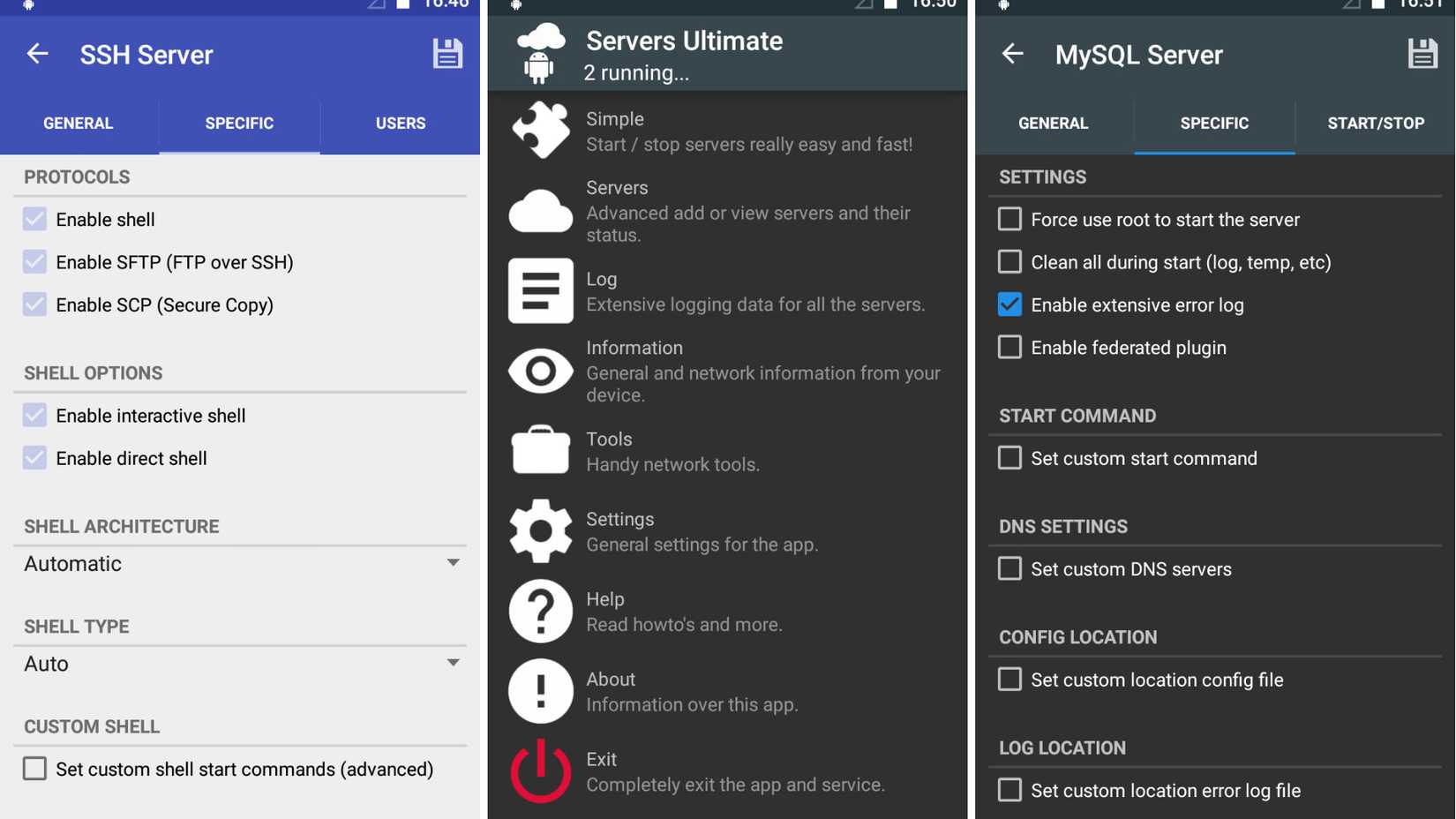Showing different servers running on phone for Servers Ultimate