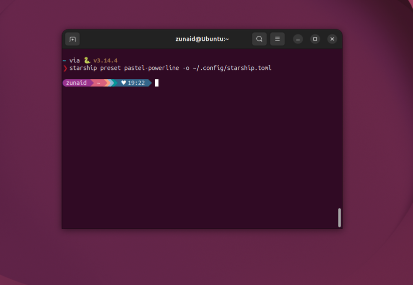 Starship terminal prompt being used with a preset applied.