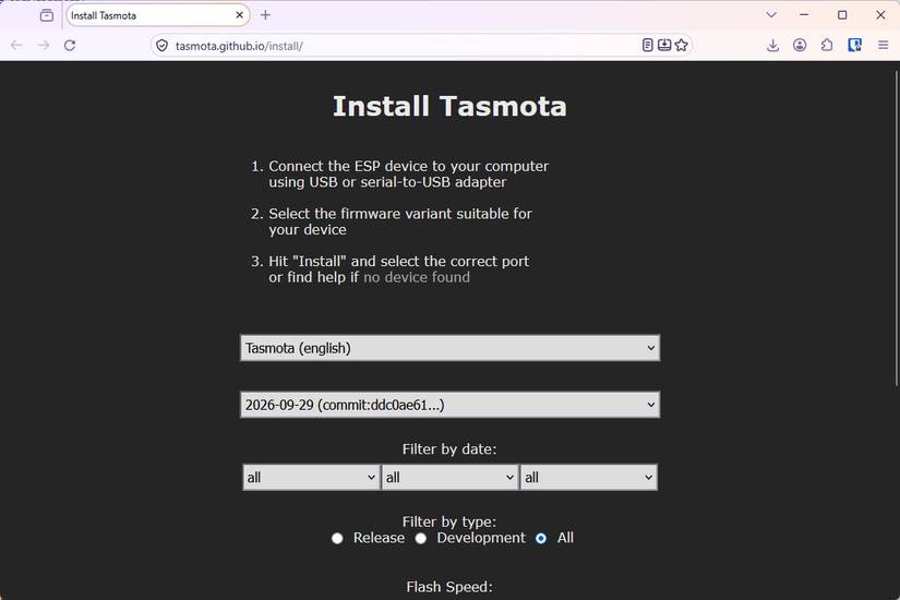 Installing Tasmota with the web flasher. 