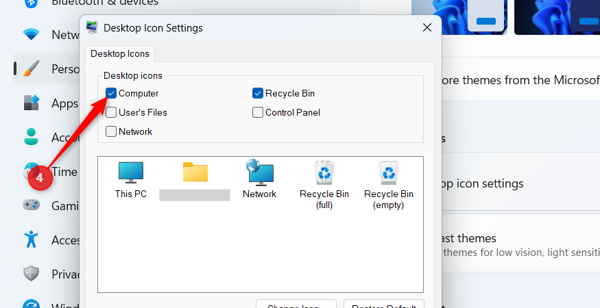 The Computer checkbox is selected in the Desktop Icon Settings window in Windows 11.