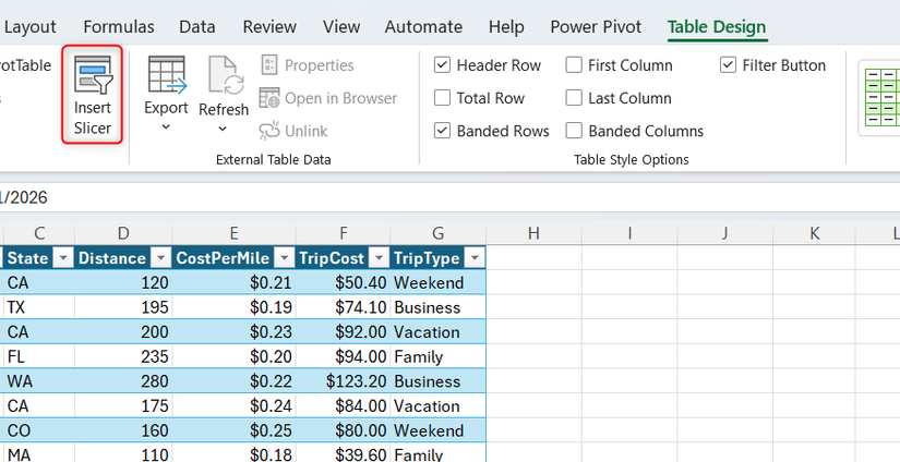The Insert Slicer button on the Table Design ribbon tab is highlighted in Excel.
