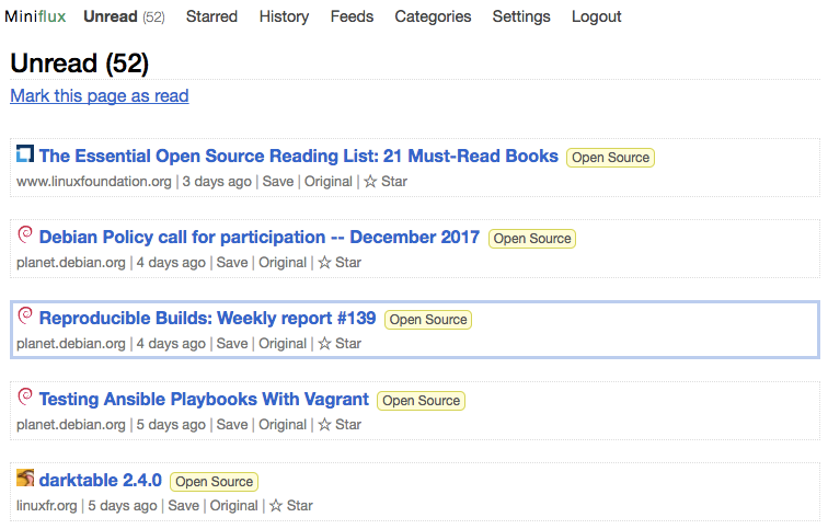 The Miniflux interface showing unread articles.