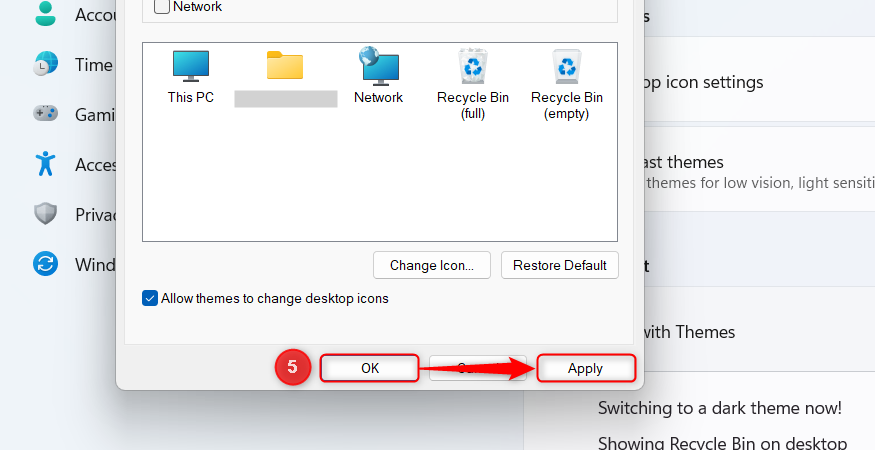 The OK and Apply buttons are highlighted in the Desktop Icon Settings window in Windows 11.