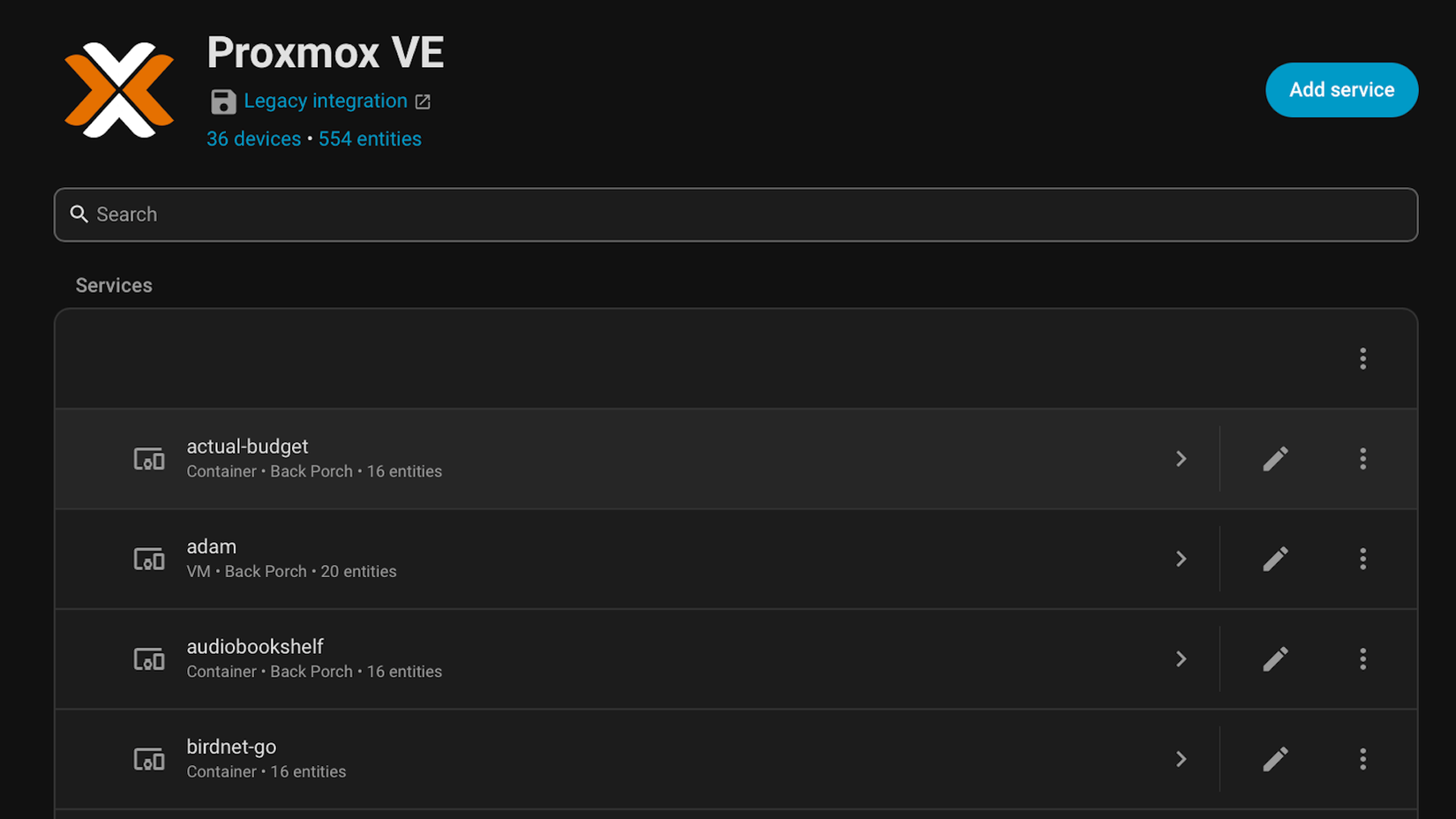The Proxmov VE integration page in Home Assistant showing services including Actual Budget, Audiobookshelf, and BirdNET-Go.