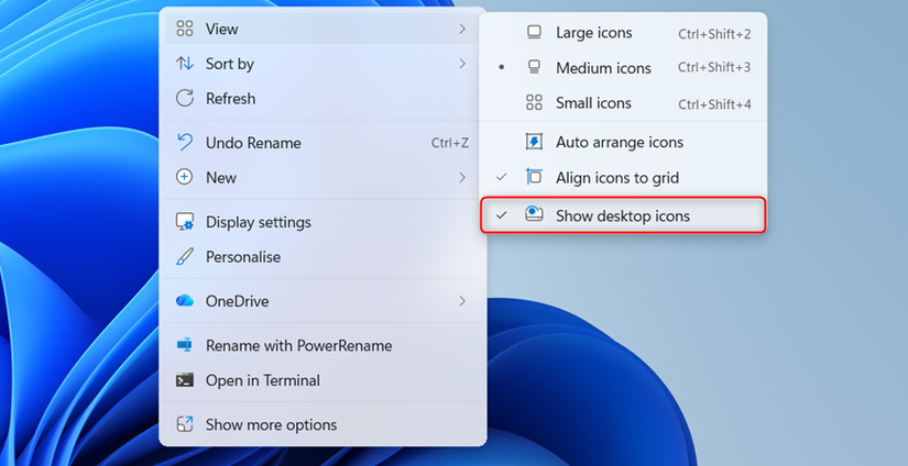 The Show desktop icons option is highlighted in the View menu of the Windows 11 desktop right-click context menu.