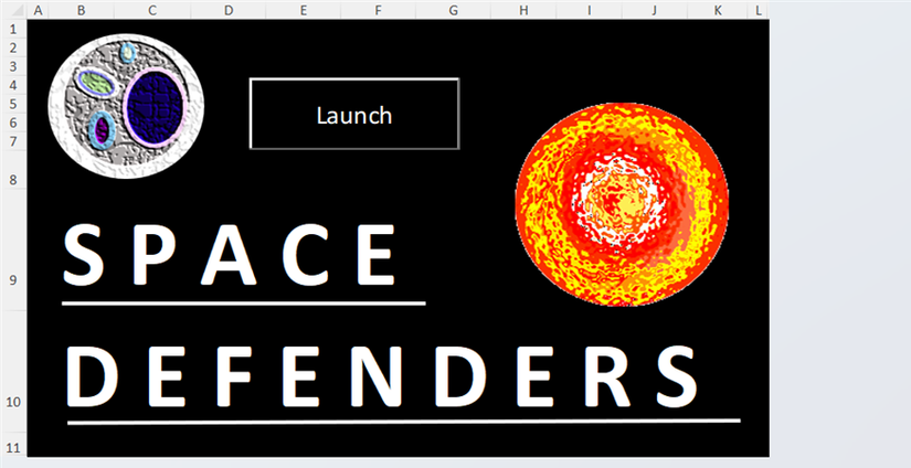 The start screen for a game called Space Defenders with a Launch button is displayed in Microsoft Excel.
