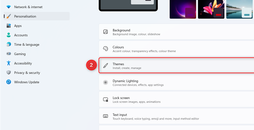 The Themes option is highlighted under the Personalization menu in Windows 11 Settings.