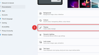 The Themes option is highlighted under the Personalization menu in Windows 11 Settings.