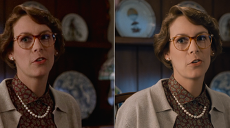 Side-by-side frames reveal distorted facial details in the 4K remaster of True Lies.