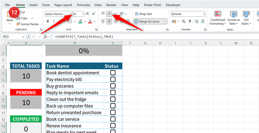 Various merged cells in an Excel spreadsheet are selected, with their font size set to 26pt and their alignment centered.
