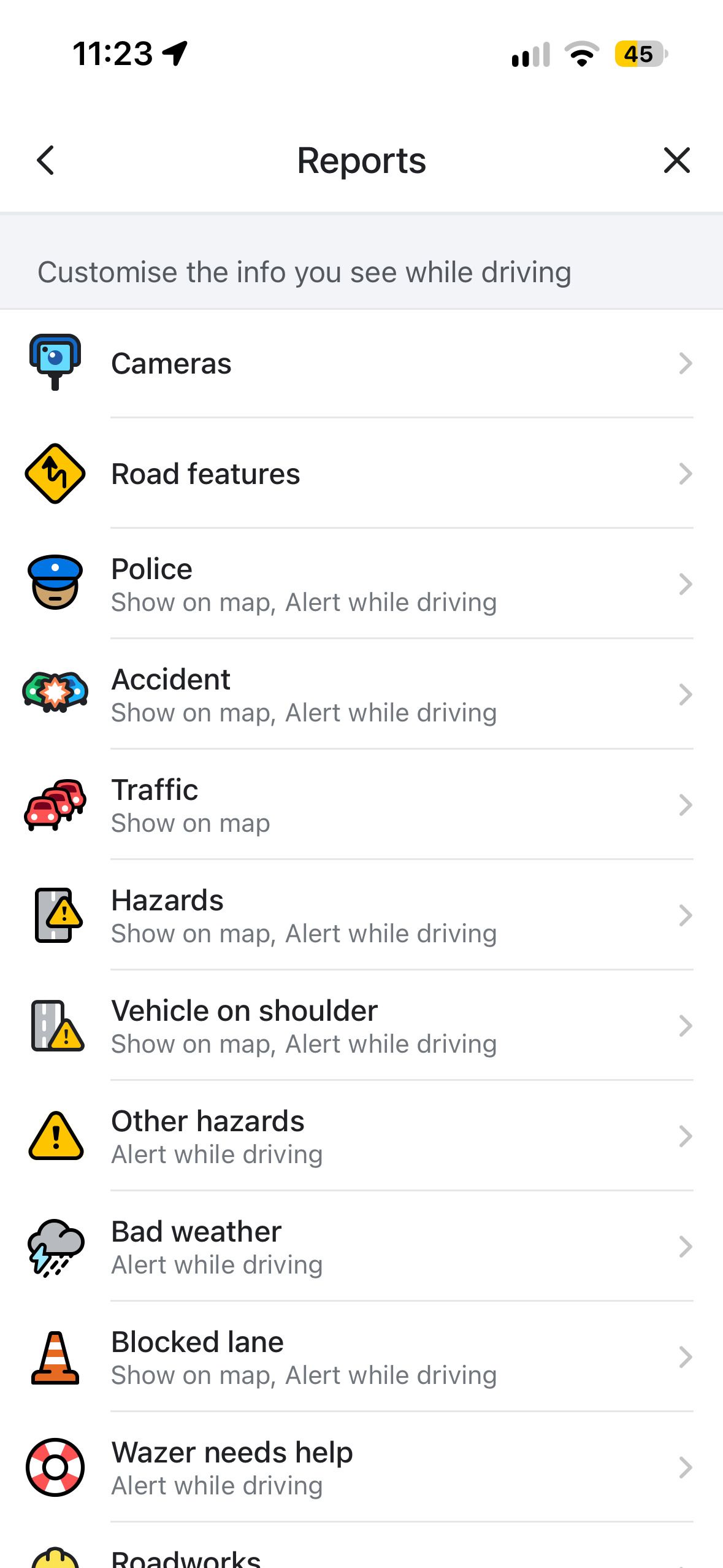 Waze Reports page showing Cameras Road features Police Accident Traffic and Hazards alert categories.