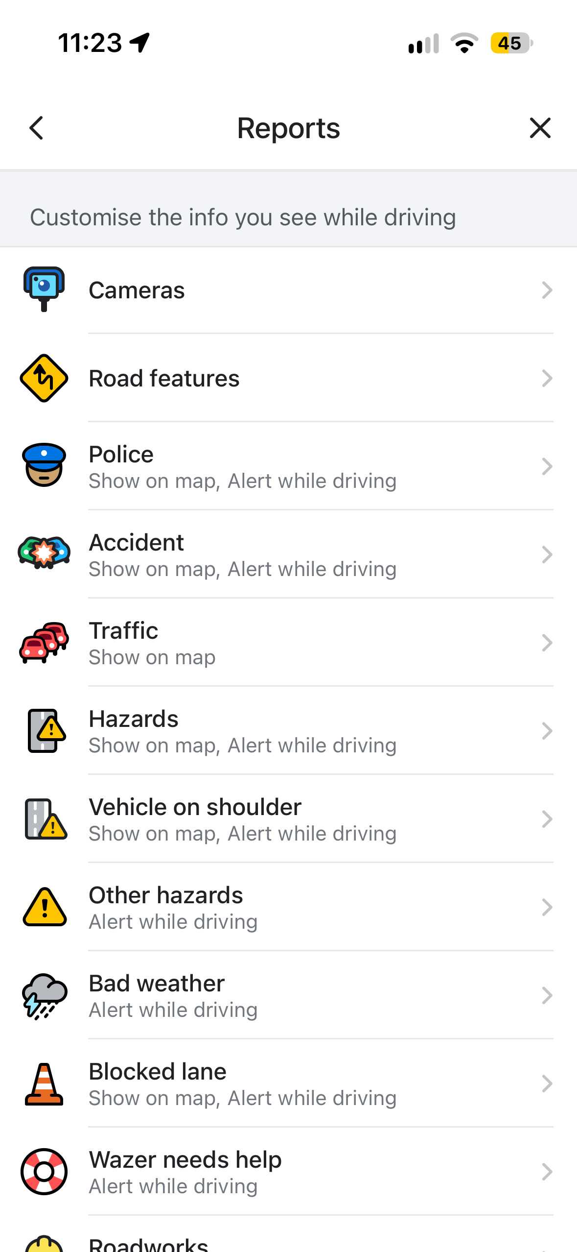 Waze Reports page showing Cameras Road features Police Accident Traffic and Hazards alert categories.