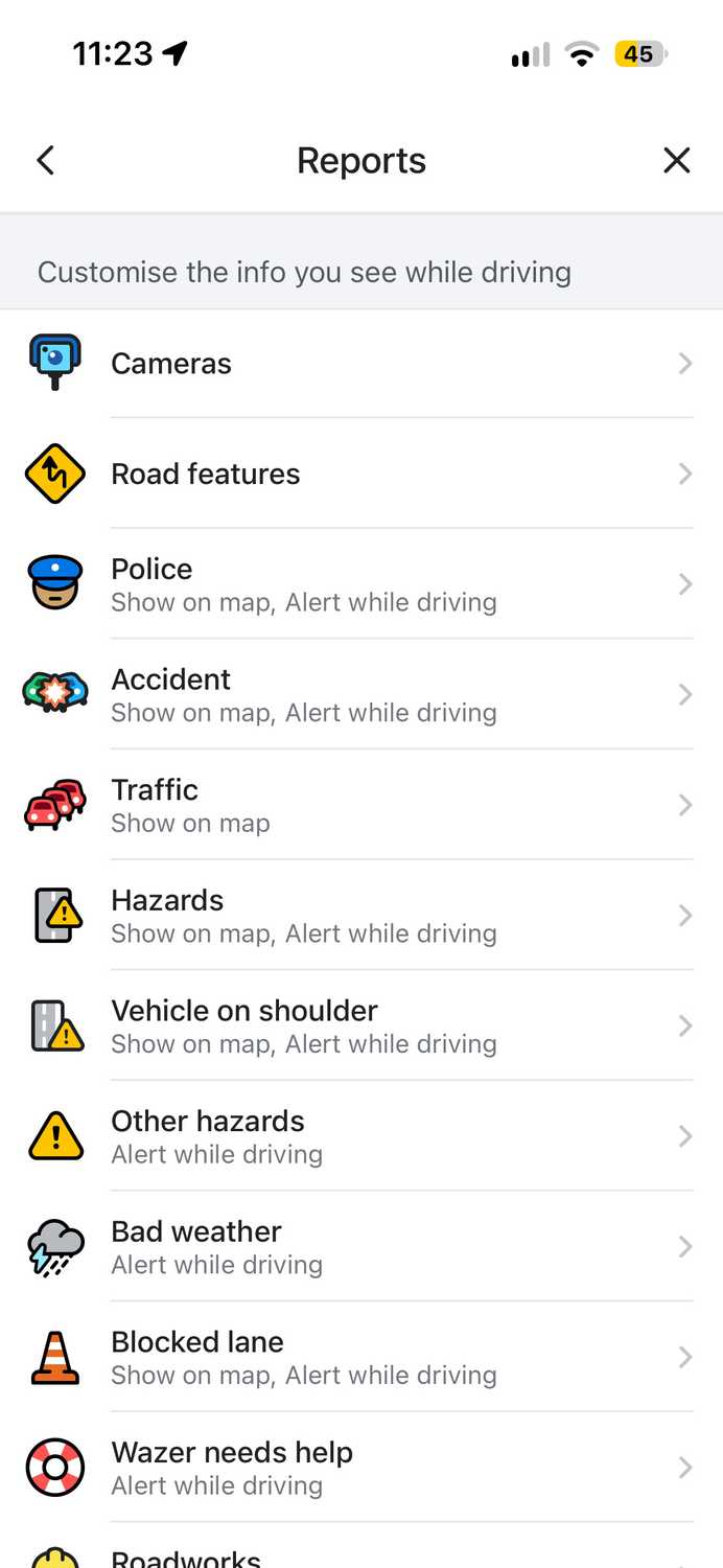 Waze Reports page showing Cameras Road features Police Accident Traffic and Hazards alert categories.