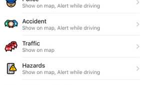 Waze Reports page showing Cameras Road features Police Accident Traffic and Hazards alert categories.