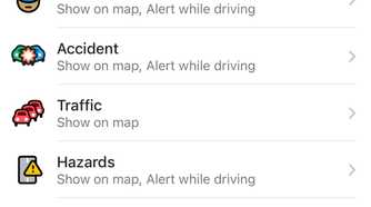 Waze Reports page showing Cameras Road features Police Accident Traffic and Hazards alert categories.