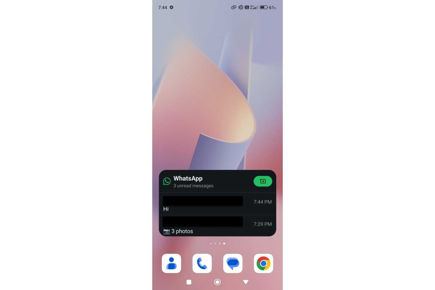 WhatsApp widget showing unread texts.