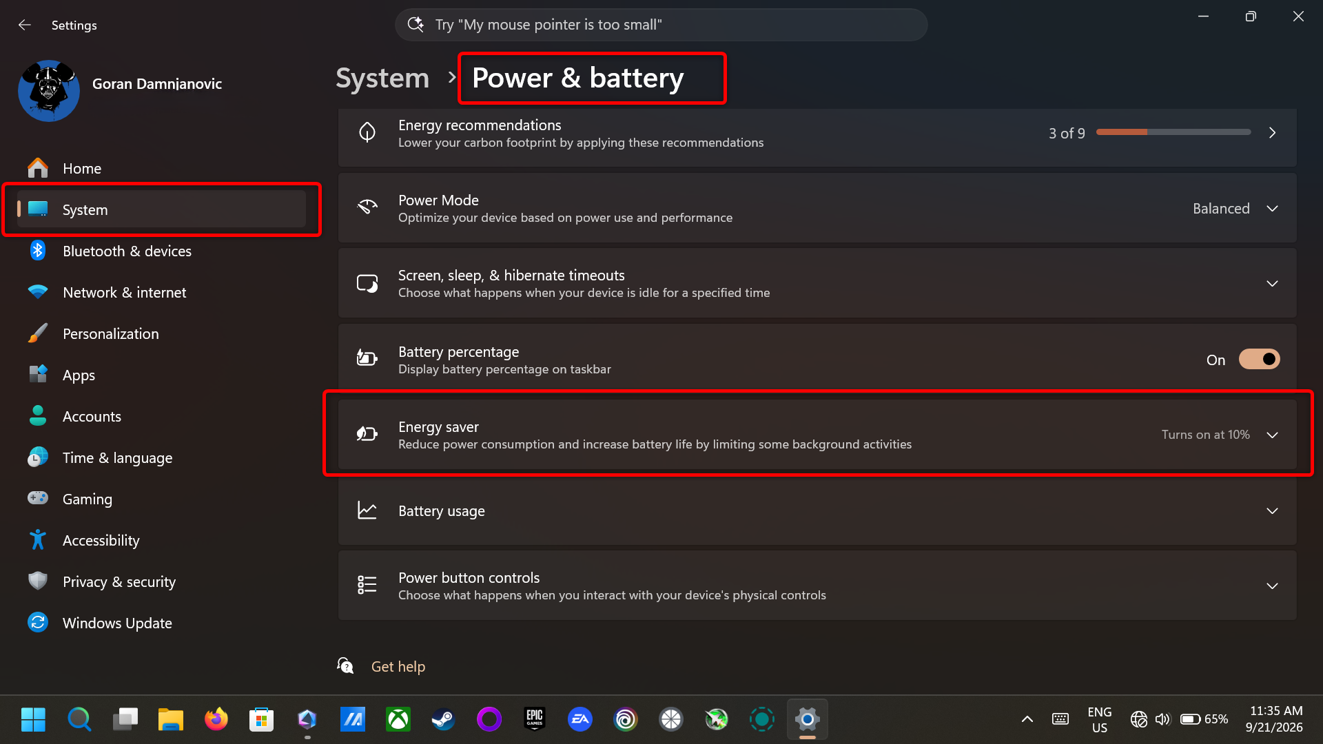 Windows 11 Power & battery menu.