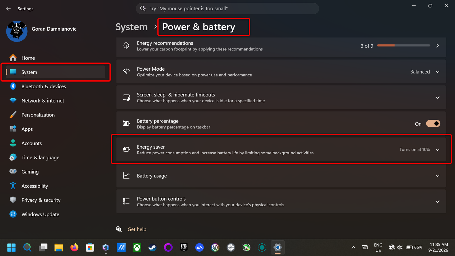 Windows 11 Power & battery menu.