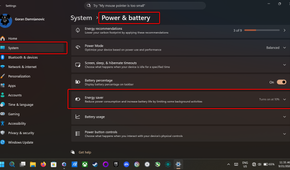 Windows 11 Power & battery menu.