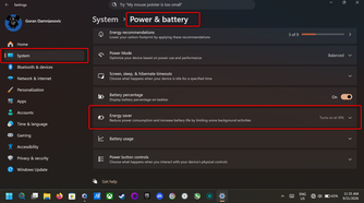 Windows 11 Power & battery menu.