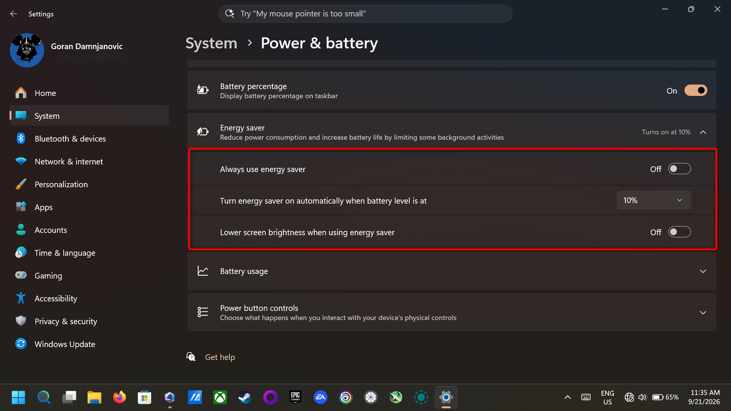 Windows 11 Power & battery menu.