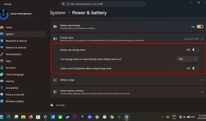 Windows 11 Power & battery menu.