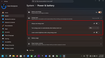 Windows 11 Power & battery menu.