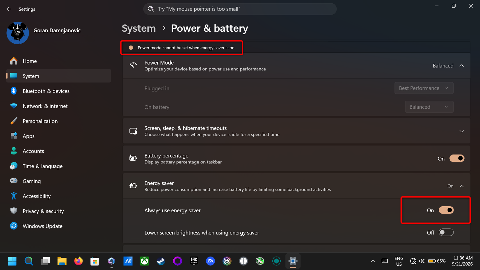 Windows 11 Power & battery menu.