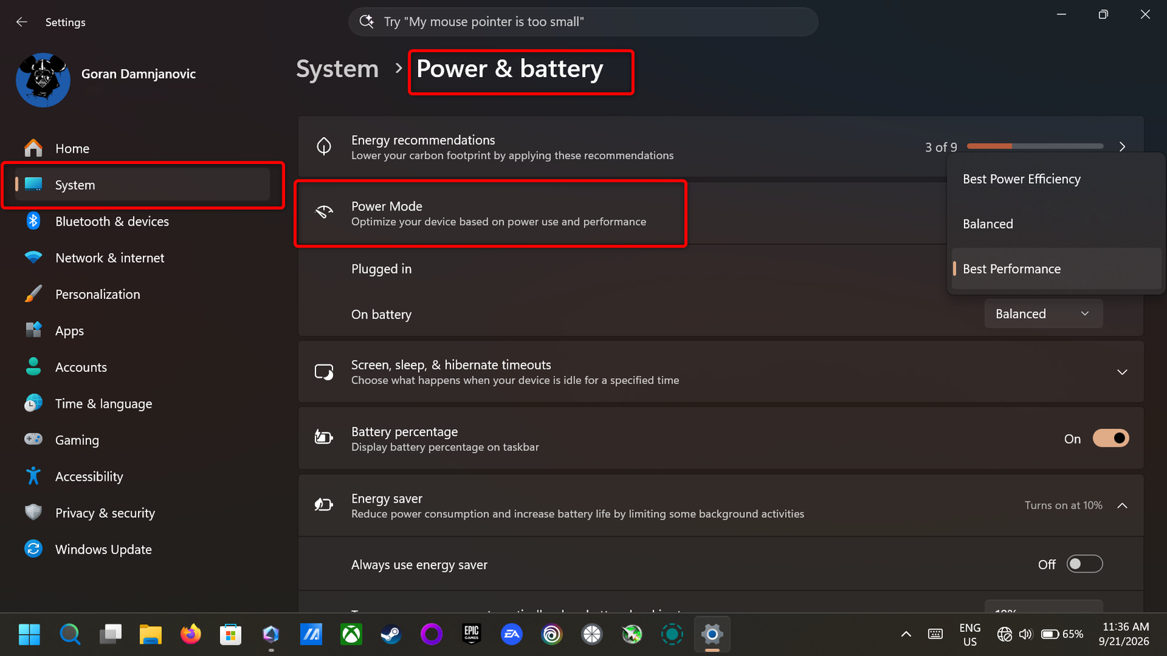 Windows 11 Power & battery menu.
