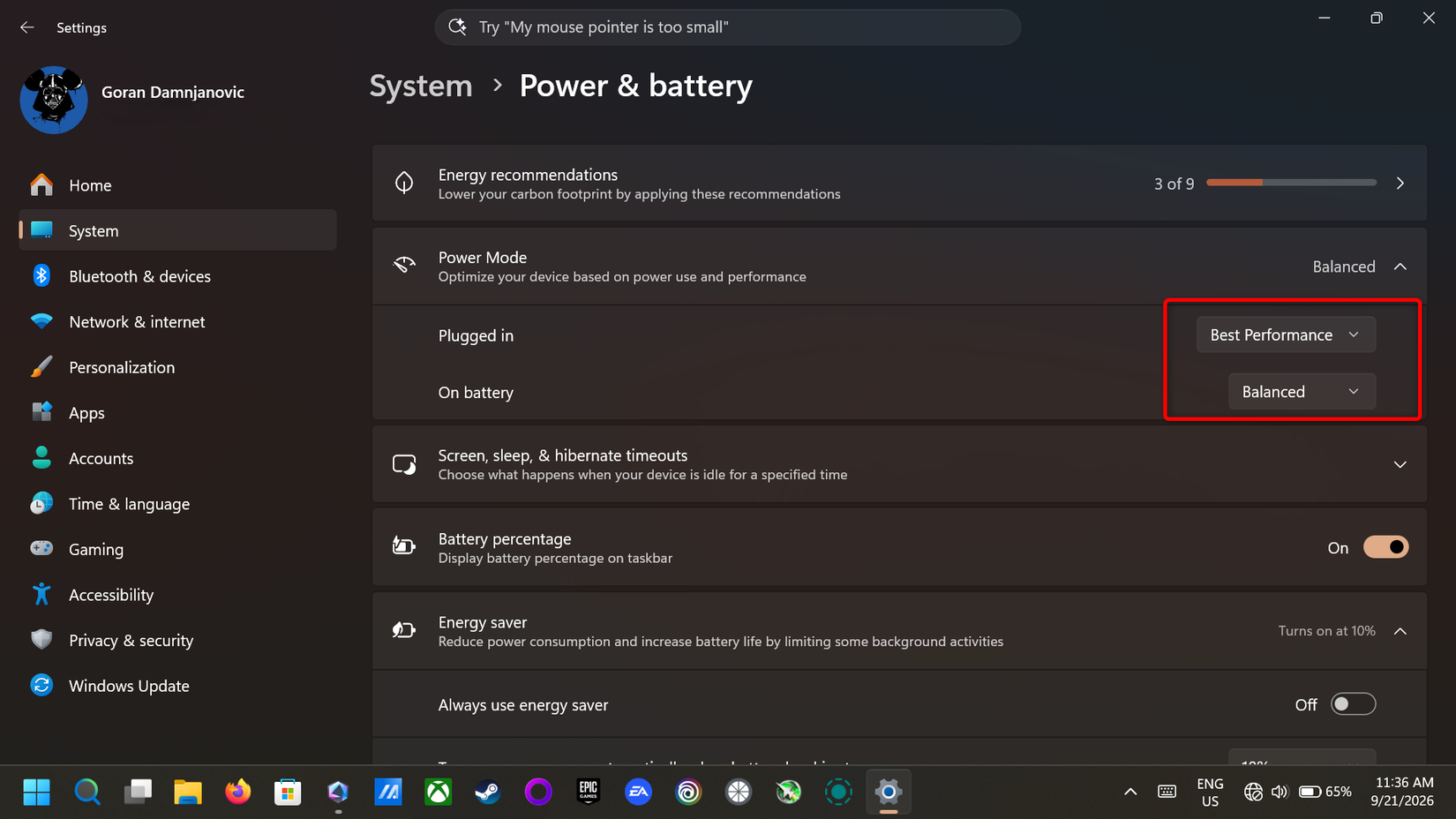 Windows 11 Power & battery menu.