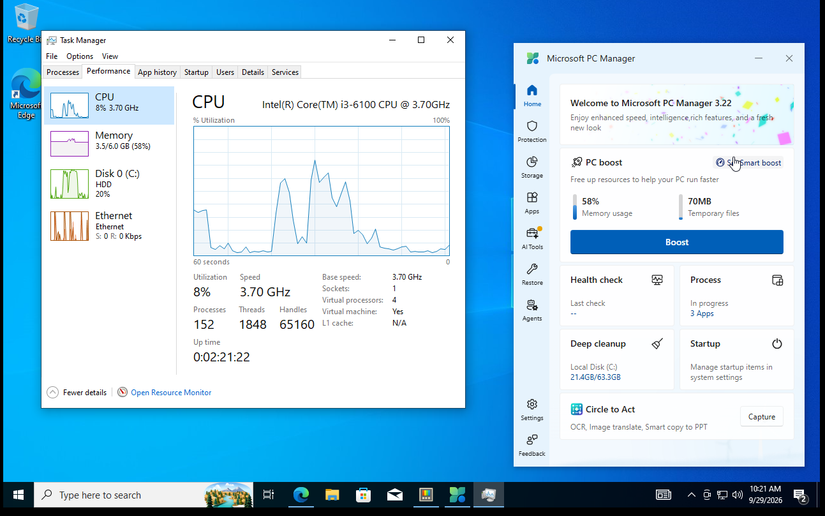 Windows Task Manager shows CPU and memory usage while Microsoft PC Manager runs inside the Windows 10 virtual machine.