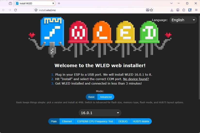 The WLED installer page. 