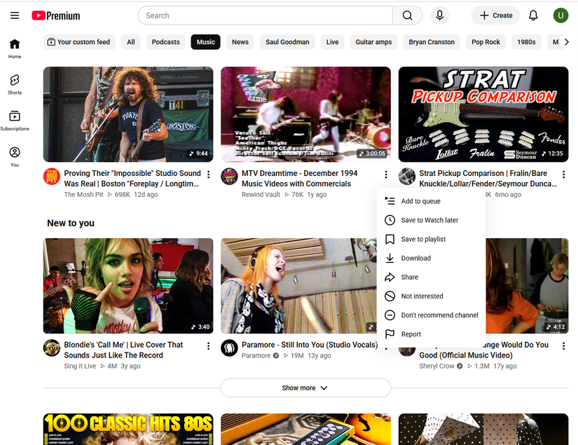 YouTube’s video menu includes options to mark a video as Not interested or stop recommendations from a specific channel.