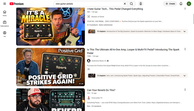 YouTube search results for new guitar pedals show videos found through a specific search instead of relying on homepage recommendations.