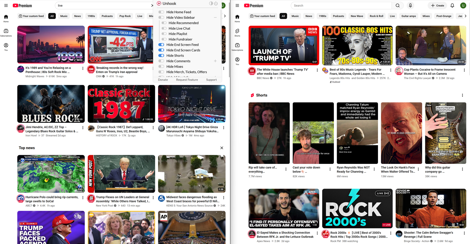 Как ограничить влияние алгоритмов YouTube на рекомендации видео Сравнение главной страницы YouTube с разделами Shorts и после применения настроек Unhook